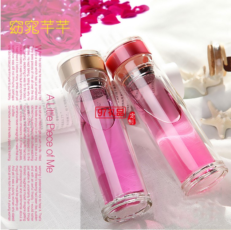 美欣制藥時尚雙層玻璃杯帶蓋濾網水杯高檔禮品杯 直筒爆款杯 可印logo