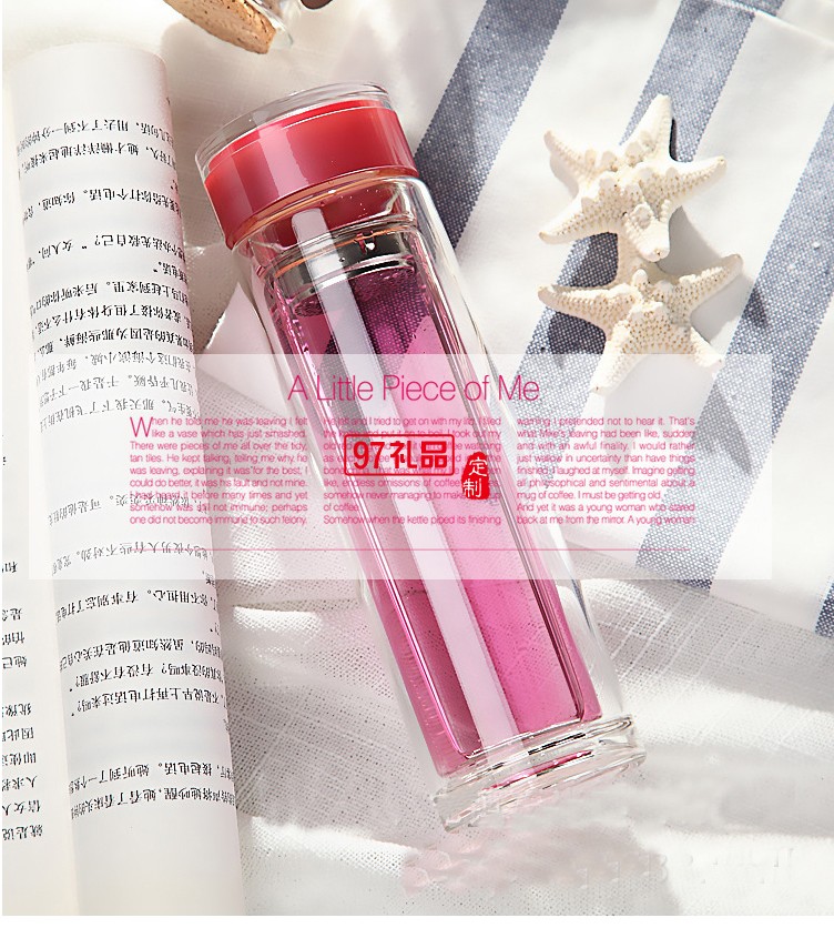 美欣制藥時尚雙層玻璃杯帶蓋濾網水杯高檔禮品杯 直筒爆款杯 可印logo