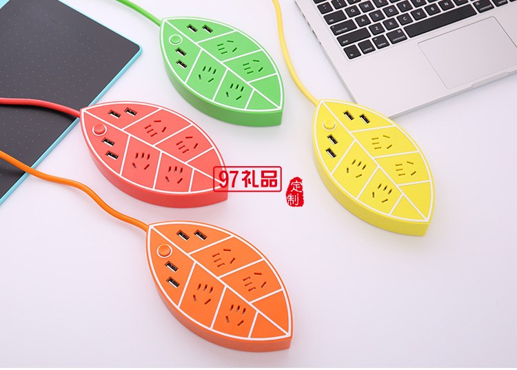 萬達定制創(chuàng)意USB智能插排樹葉拖線插座定制公司廣告禮品