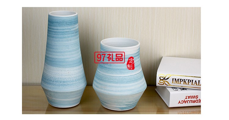 景德鎮陶瓷花瓶套裝 客廳擺件工藝品 藍色螺紋陶瓷兩件套花瓶擺件