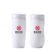 鼎瑞湯泉定制陶瓷雙層保溫杯創意帶蓋白瓷保溫杯可定制畫面logo伴手禮