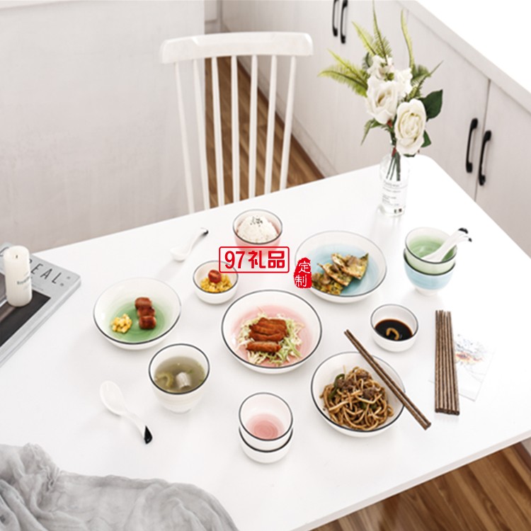 漸變色手繪餐具陶瓷碗陶瓷勺子隨手禮女神節禮品銀行禮品