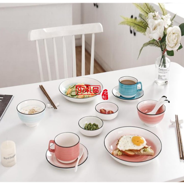 漸變色手繪餐具陶瓷碗陶瓷勺子隨手禮女神節禮品銀行禮品