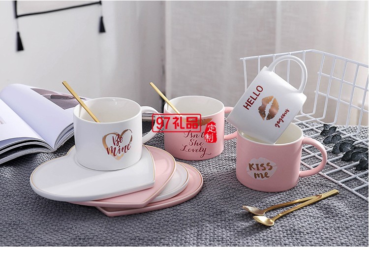 女神愛心托盤情侶咖啡杯帶勺創意馬克杯水杯