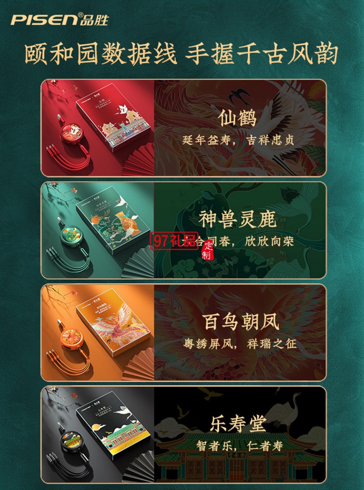 品勝頤和園一拖三數據線定制聯名款三合一伸縮收納數據線定制LOGO