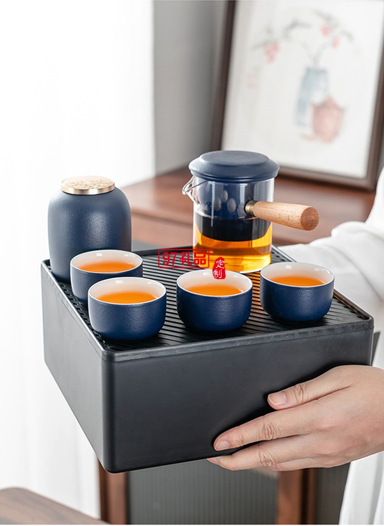 新品創意陶瓷便攜旅行茶具套裝茶盤皮包戶外一壺四杯 可定制logo
