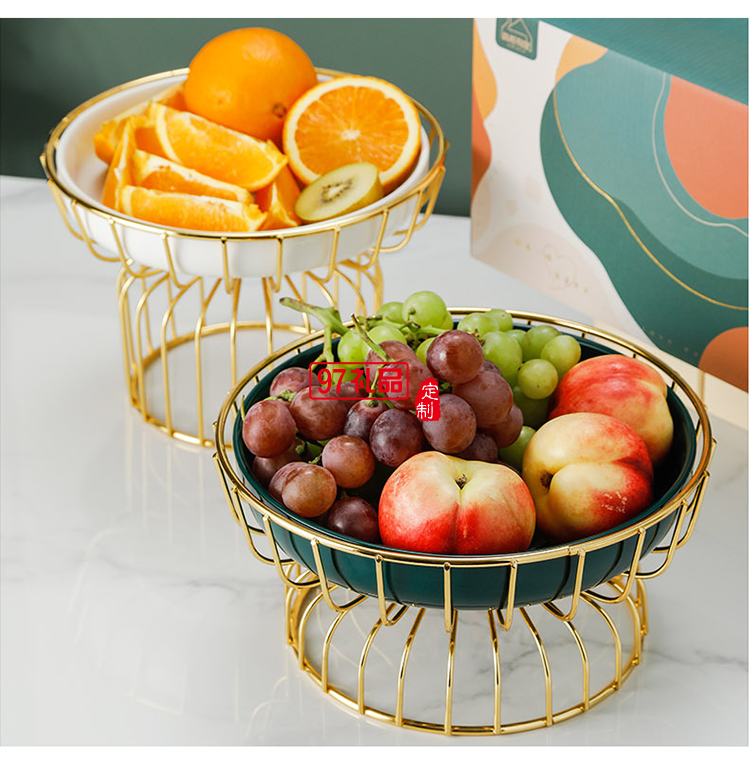 ins水果盤鐵藝架+陶瓷甜品盤糖果盤網紅高腳果盤禮盒套裝伴手禮