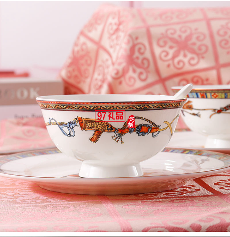 HERME愛馬60頭餐具套裝禮盒碗盤碟景德鎮骨瓷釉中彩陶瓷喬遷結婚