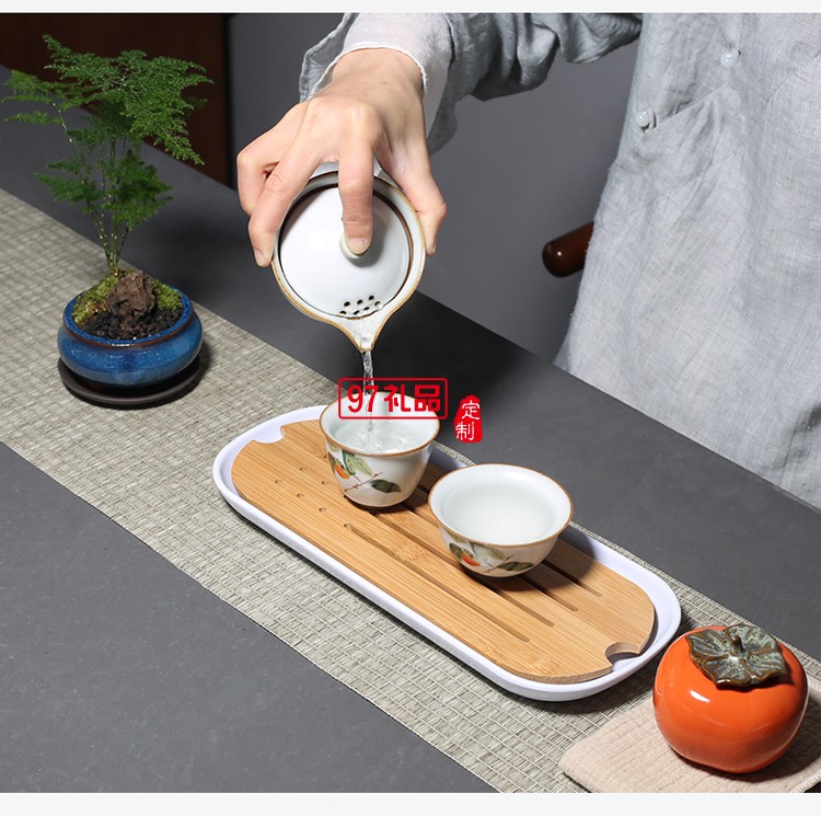 汝窯復古柿子快客杯一壺二杯茶具套裝布包便攜旅行套組