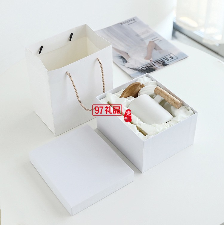 簡約馬克杯 創意文藝水杯咖啡杯木手柄陶瓷杯帶蓋勺