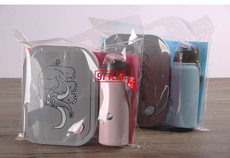 塑料學生長方形分格飯盒帶400ml水壺套裝 卡通套裝飯盒帶手提袋