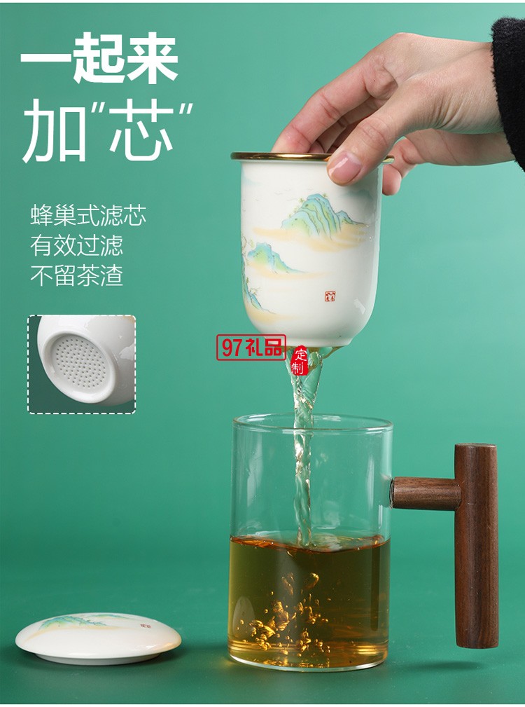 創意耐熱玻璃杯水杯馬克杯陶瓷內膽過濾辦公杯茶杯木手柄泡茶杯