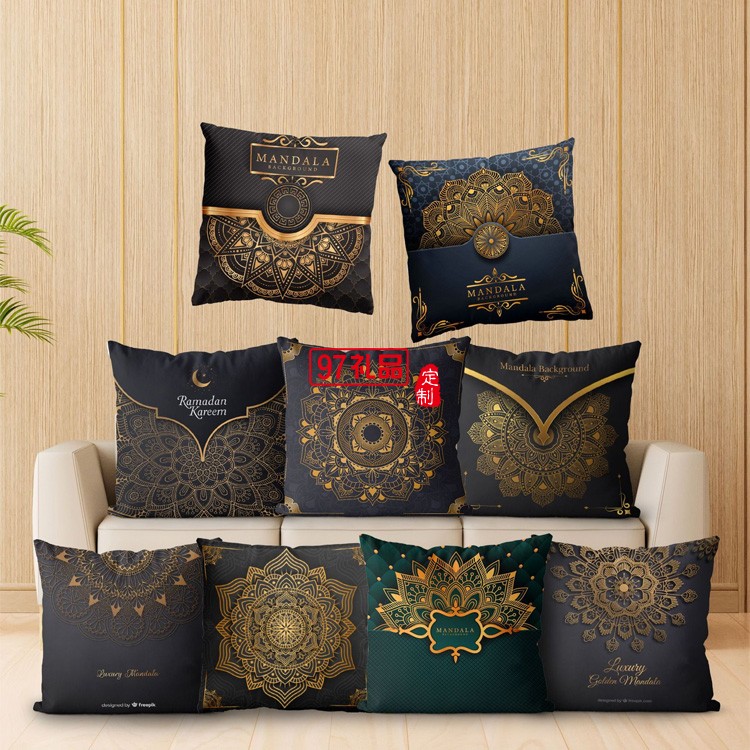 黑金曼陀羅靠枕布藝沙發靠背臥室抱枕套輕奢印花毛絨抱枕