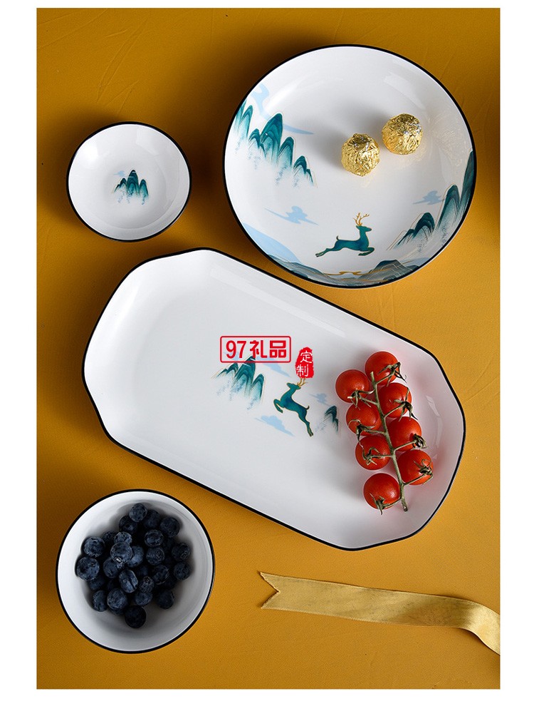 福鹿同行陶瓷餐具碗盤碟禮盒裝家用碗勺碗筷套裝開業活動送禮