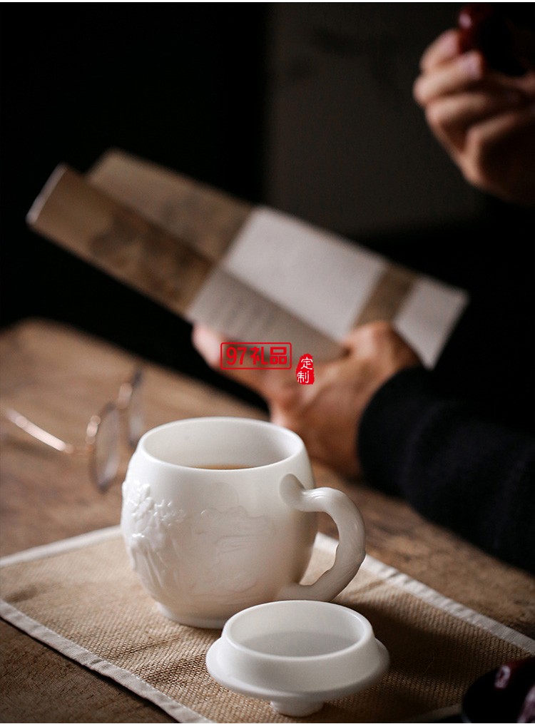白瓷主人杯創(chuàng)意浮雕茶杯羊脂玉茶具高檔個(gè)人水杯一件logo刻字