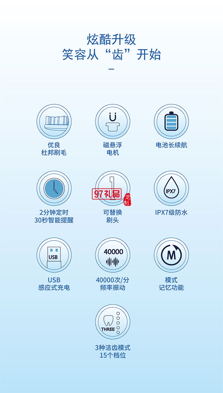 IPX7級防水有效保護產品三段潔齒模式聲波電動牙刷