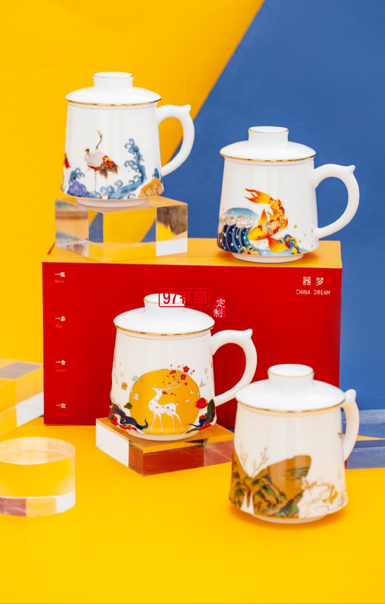 景德鎮陶瓷大茶杯帶蓋過濾水杯琺瑯彩福祿