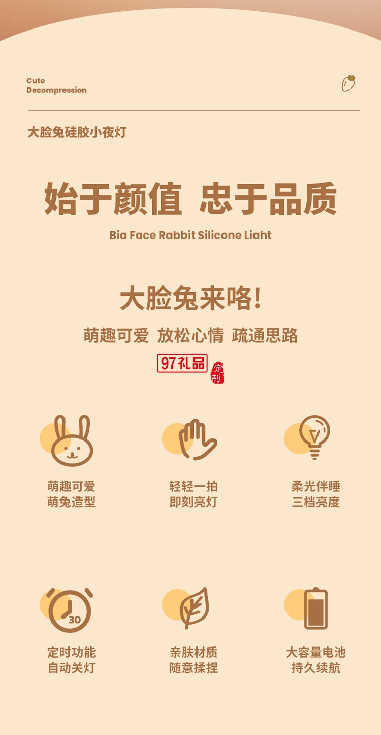 萌寵大臉兔硅膠燈USB節日禮物小夜燈擺攤夜市臥室床頭伴睡小夜燈