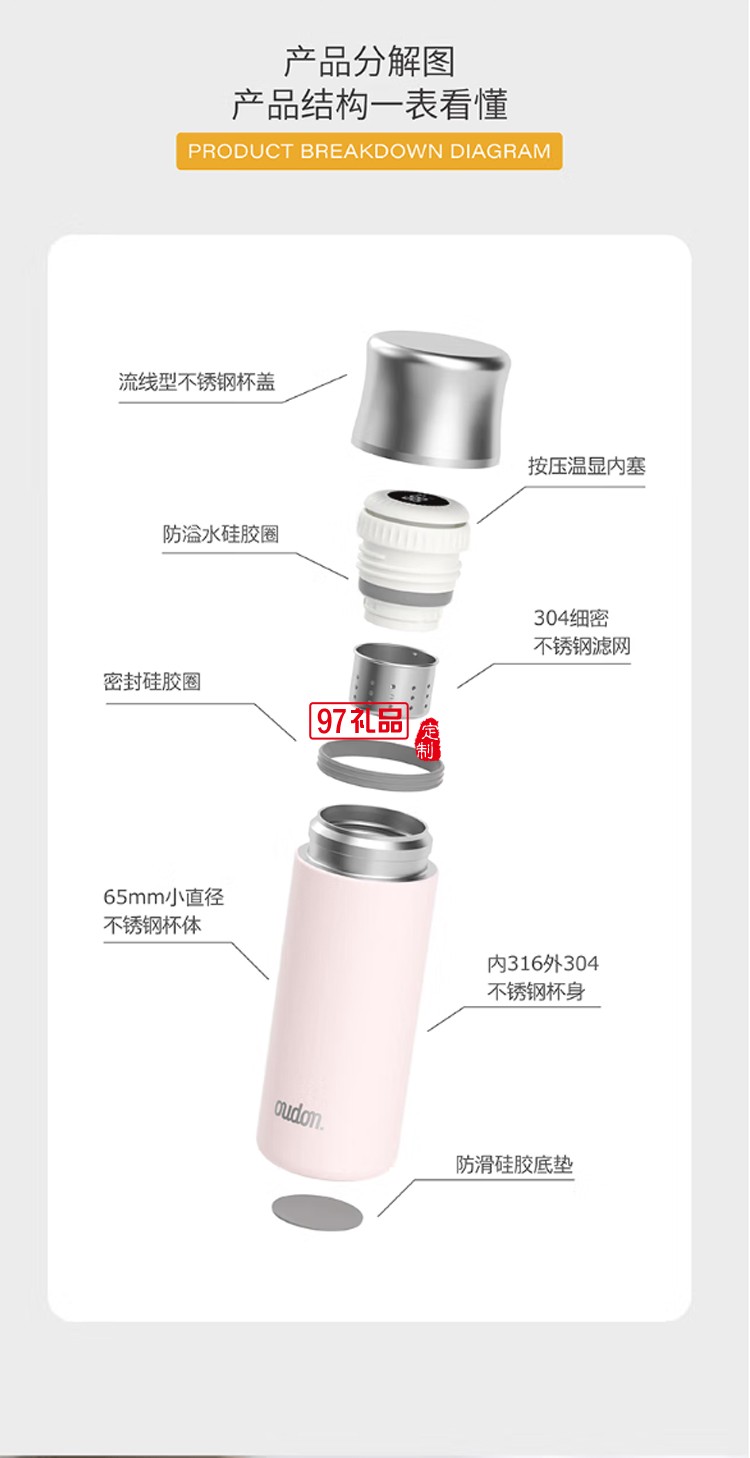  貝特系列-桌面杯 智能溫顯可拆卸悶茶杯 316不銹鋼保冷杯