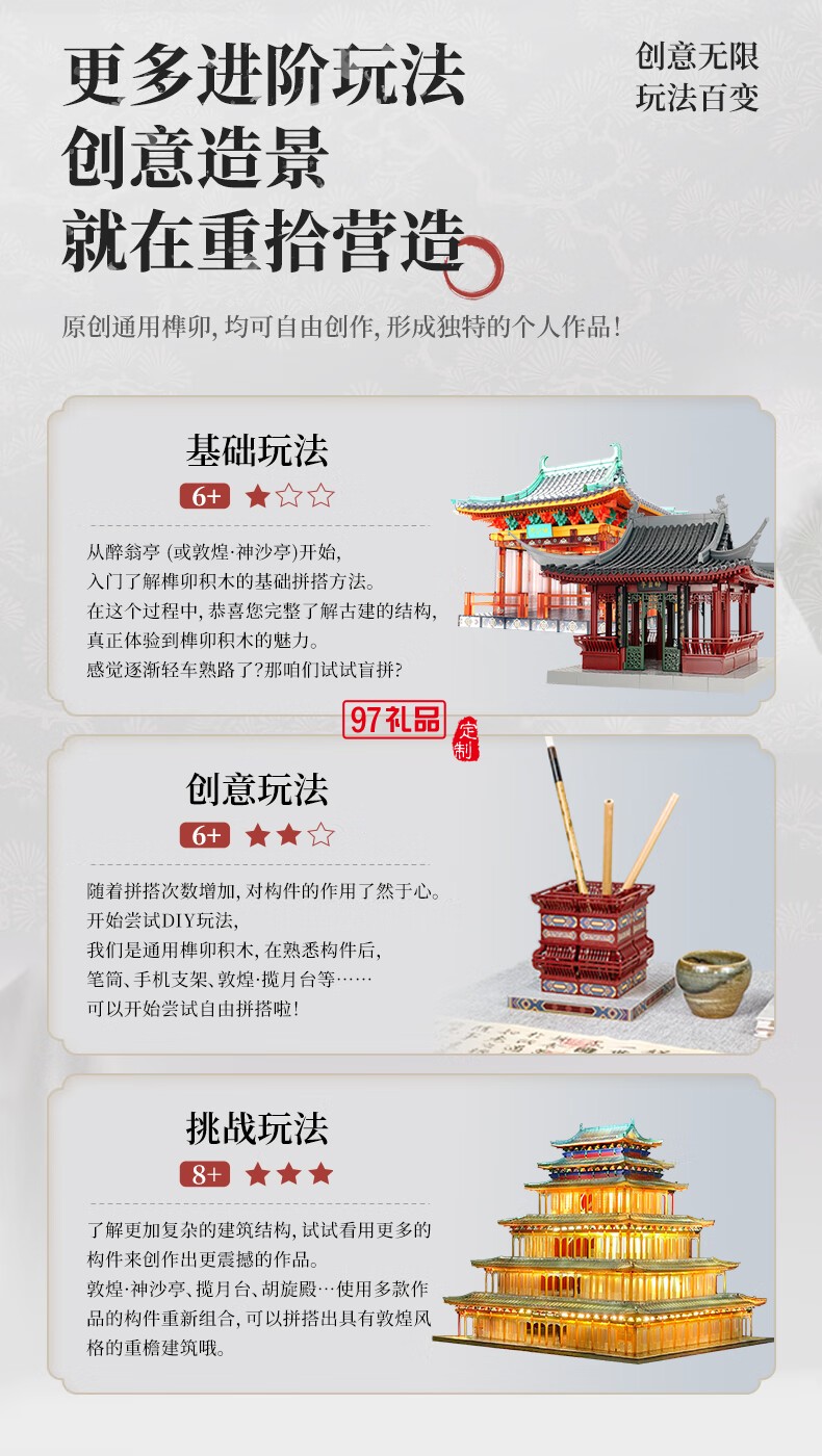 醉翁亭榫卯積木拼裝模型親子玩具古建筑模型禮品兒童男孩女孩禮物